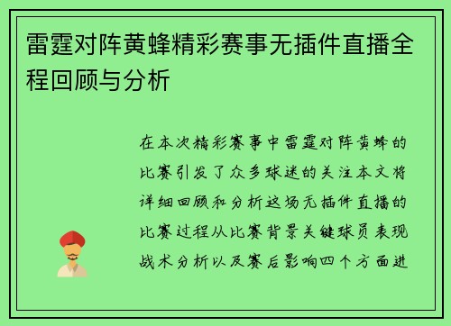 雷霆对阵黄蜂精彩赛事无插件直播全程回顾与分析